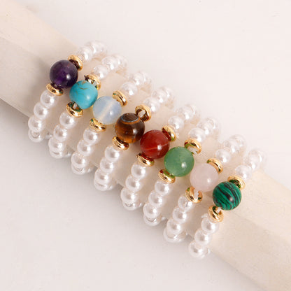European and American cross-border jewelry Bohemian colorful natural stone imitation pearl rings do not fade, niche design is high-end