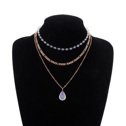 European and American cross-border jewelry multi-element protein bead crystal pendant necklace fashion three-to-one chain drop necklace