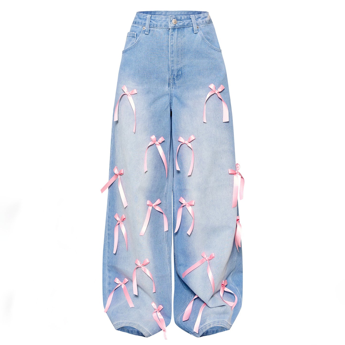 European and American cross-border high-waisted bow collage floor-length wide-leg jeans street distressed loose denim trousers women's style