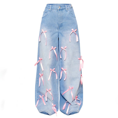 European and American cross-border high-waisted bow collage floor-length wide-leg jeans street distressed loose denim trousers women's style