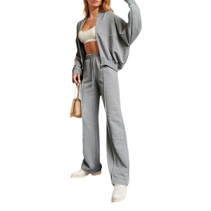 Spring 2026 new European and American cross-border women's fashion solid color zipper cardigan lace-up sweatshirt casual straight-leg trouser cover