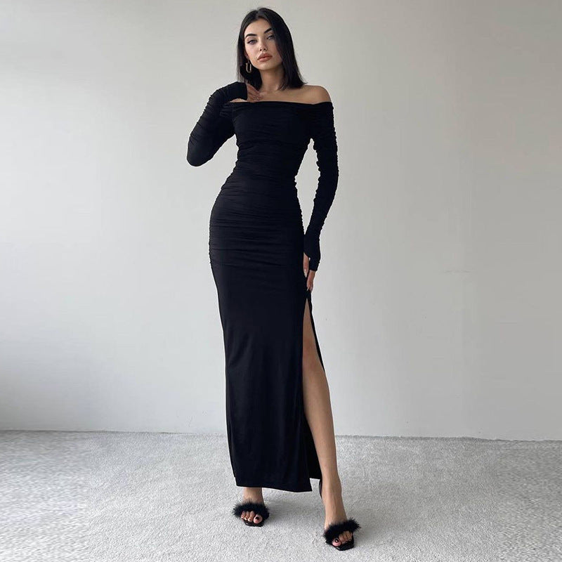 Cross-border new solid color sexy miniature dress dress European beauty one-shoulder slim slit dress for women