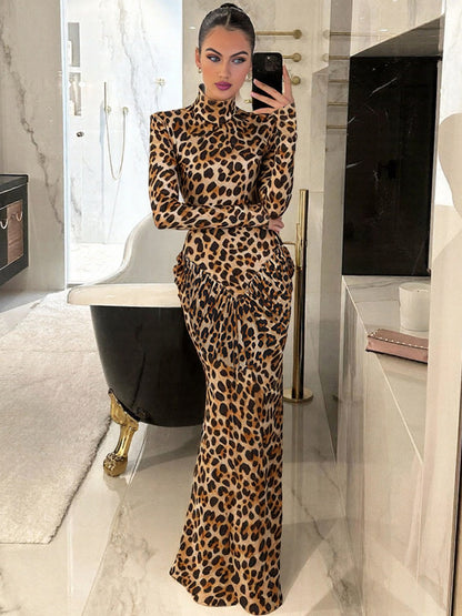 Foreign trade autumn and winter new European beauty fashion leopard print turtleneck sexy open back pleated hip wrap dress