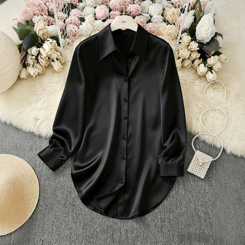 2026 AliExpress European and American Cross-border Bestseller: Four-season fashionable minimalist irregular long-sleeve shirt satin shirt