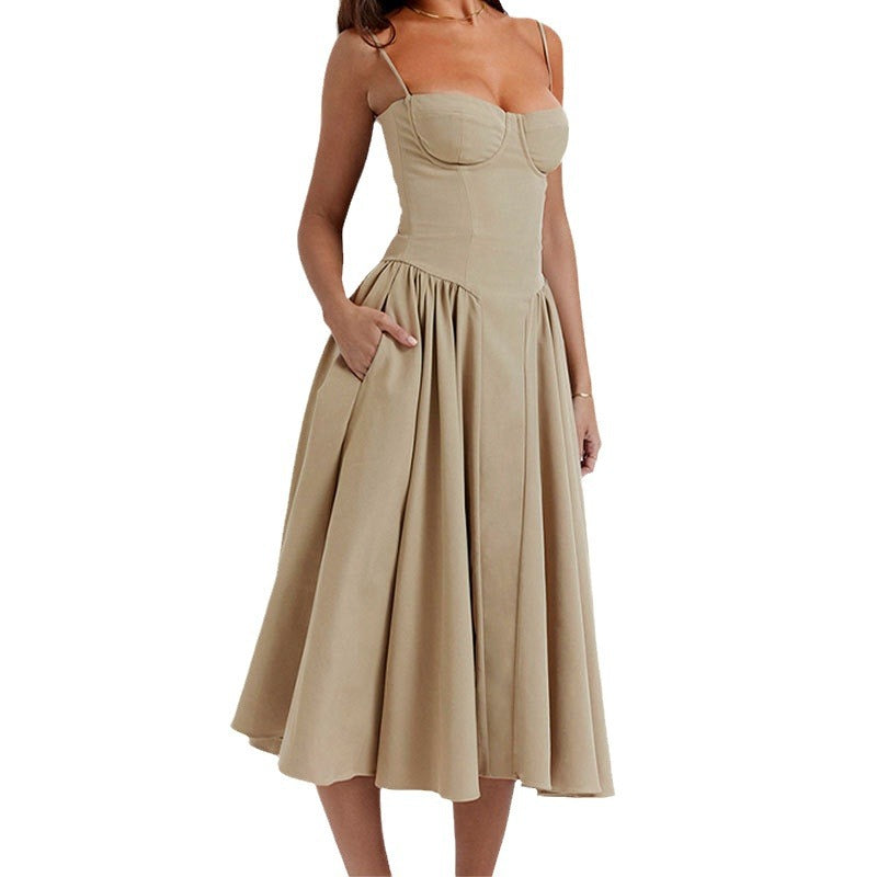 2025 cross-border independent station European and beautiful women's clothing, French elegant retro style, solid color slip dress, large swing dress woman