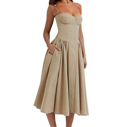 2025 cross-border independent station European and beautiful women's clothing, French elegant retro style, solid color slip dress, large swing dress woman