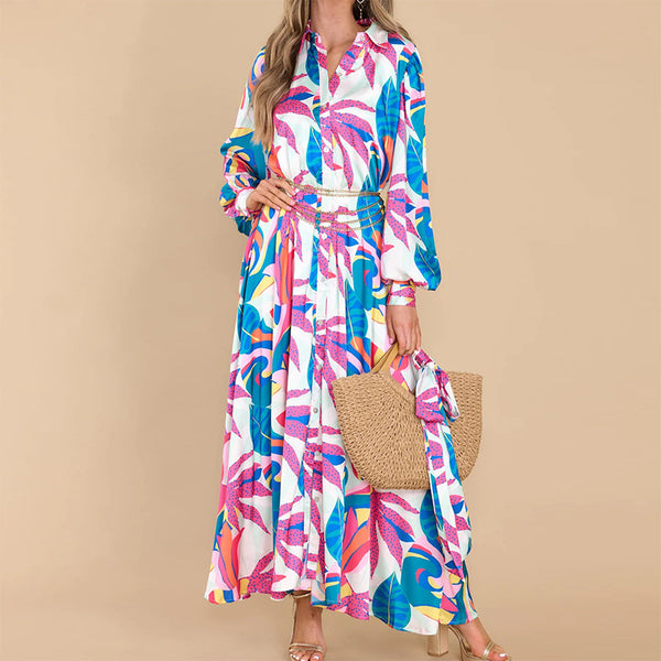 2025 Amazon Spring New Cross-border European and American Clothing Elegant Print Casual Slimming Lapel Dress