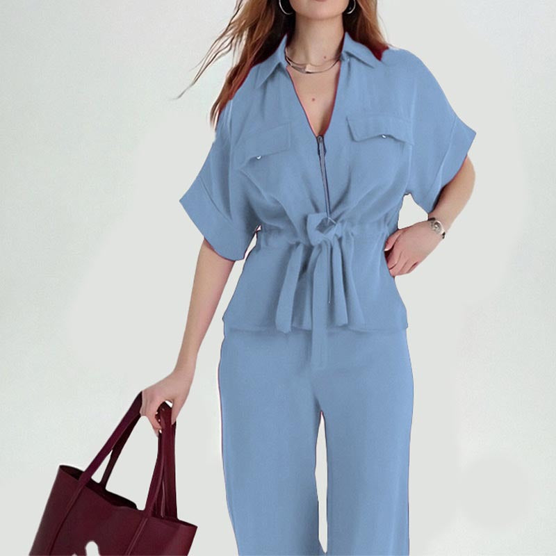 AliExpress 2025 New European and American Fashion Casual Suit Women's Workwear Style Drawstring Pocket Two-Piece Women's Suit