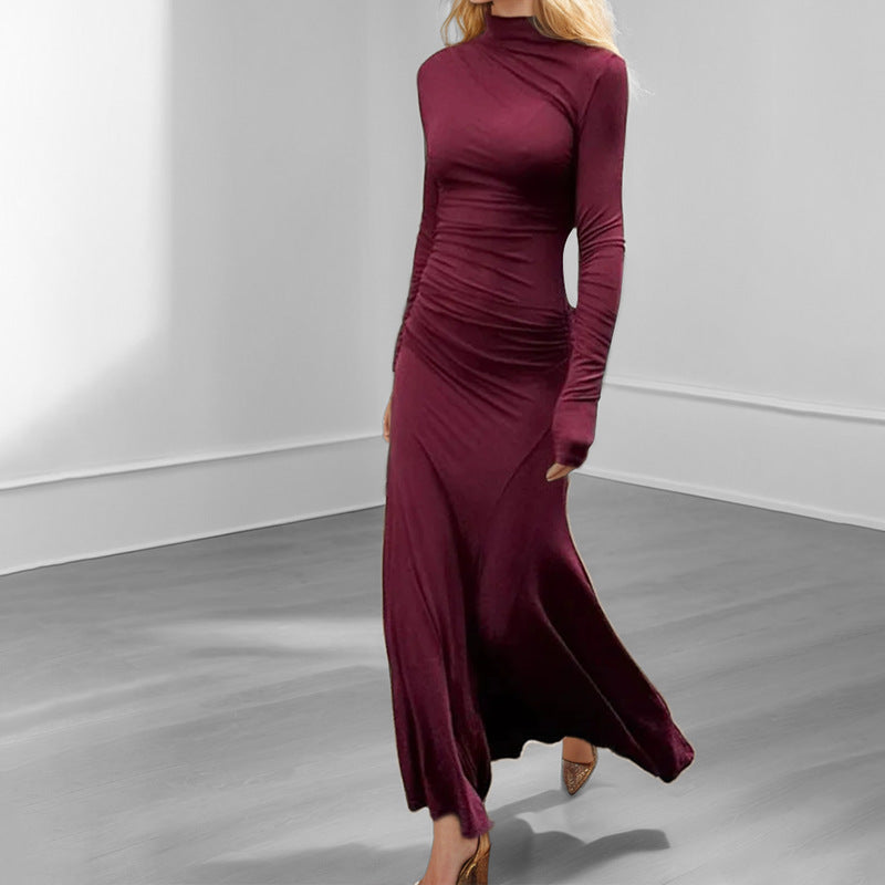 Spring 2026 new European and American clothing elegant solid color temperament pleated slim long sleeve dress hip hugging dress