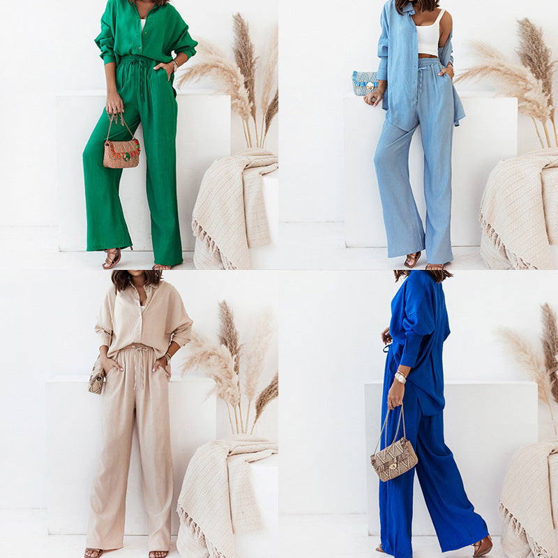 Cross-border 2026 European and American women's clothing Amazon new trendy loose shirt wide-leg fashion suit women's two-piece set