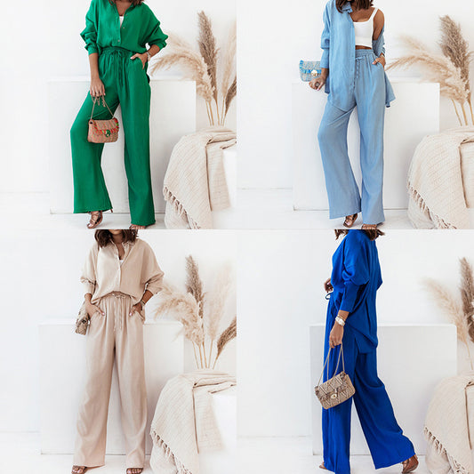 Cross-border 2026 European and American women's clothing Amazon new trendy loose shirt wide-leg fashion suit women's two-piece set