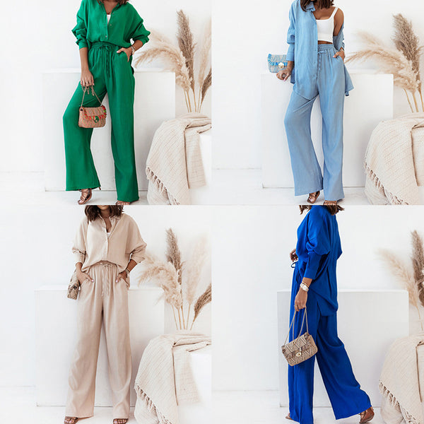 Cross-border 2026 European and American women's clothing Amazon new trendy loose shirt wide-leg fashion suit women's two-piece set