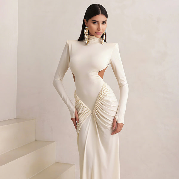 Cross-border autumn and winter new women's high-neck temperament long dress skirt fashionable solid color sexy backless dress for women - view 2 | Ciaura