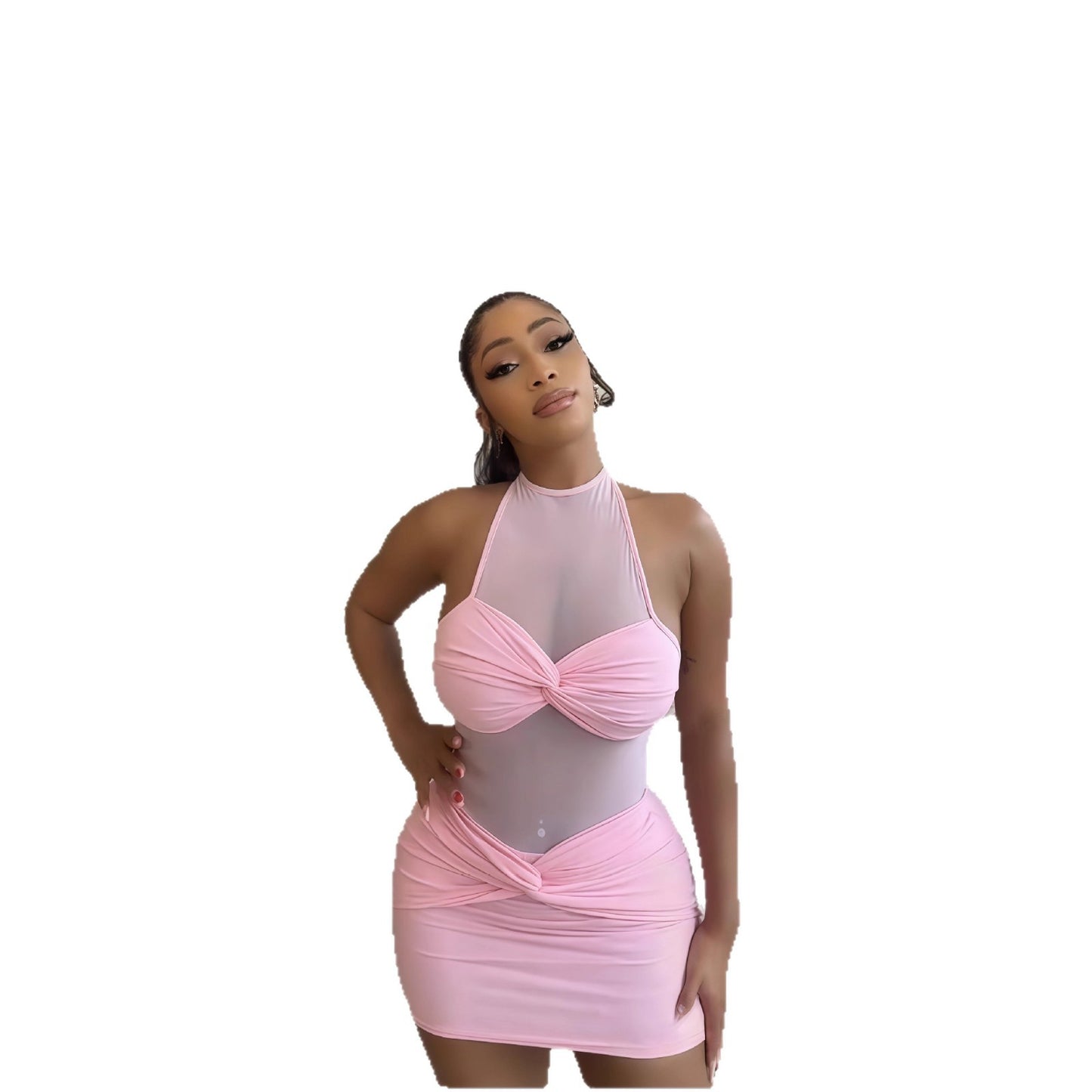 Cross-border European and American women's autumn new solid color sleeveless halterneck sexy see-through mesh splicing hip-hugging dress for women