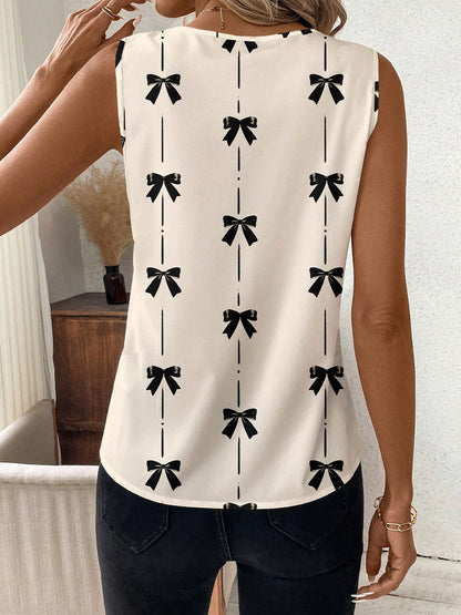 EuroChic 2025 Women’s Bow Tie V-Neck Sleeveless Summer Blouse Top