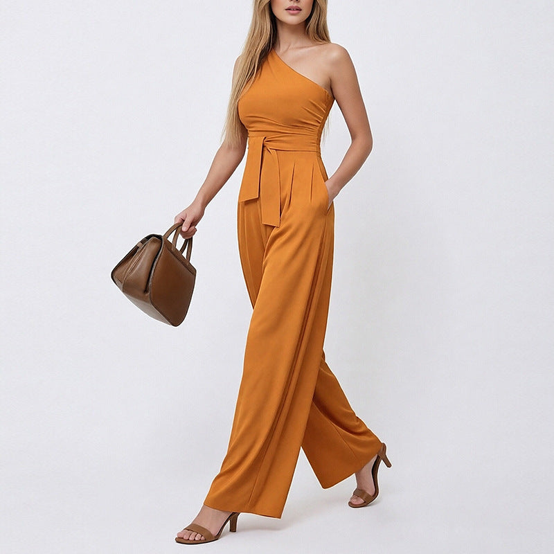 Cross-border foreign trade European and American clothing 2026 new solid color cross-collar off-shoulder lace-up high-waisted wide-leg European and American jumpsuit for women