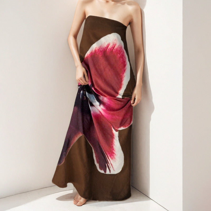 2026 spring new cross-border European and beautiful clothing temperament commuting contrast sleeveless sexy printed bandeau long dress