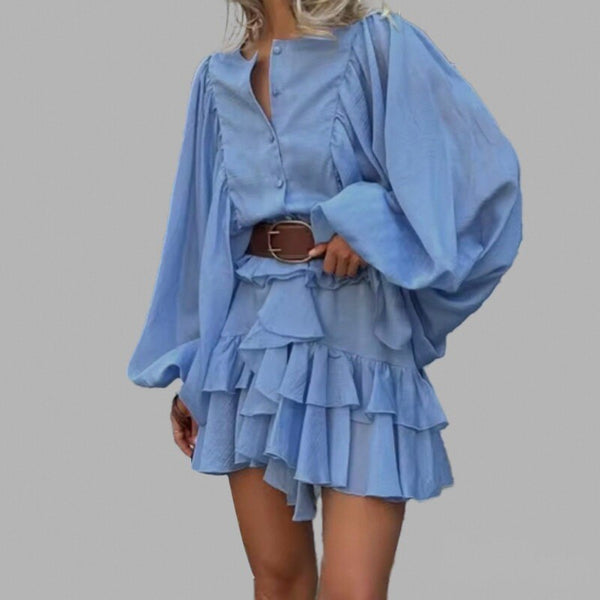 European and American style cross-border Amazon women's spring French high-waisted puff sleeve ruffled cropped dress