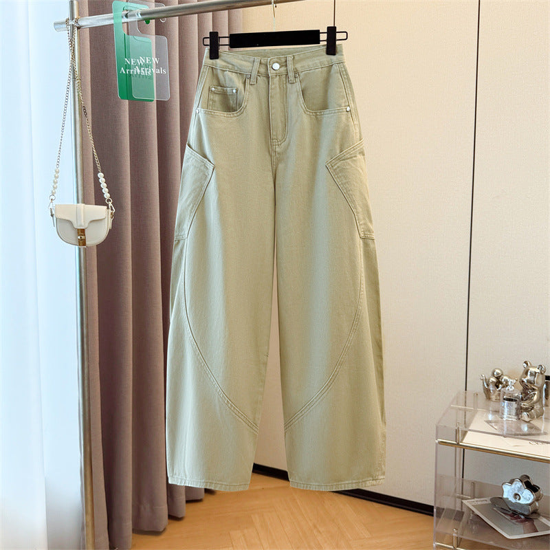 Khaki, American military green, design with large pockets, scimitar jeans, women's floor-length wide-leg trousers, extended mid-pants