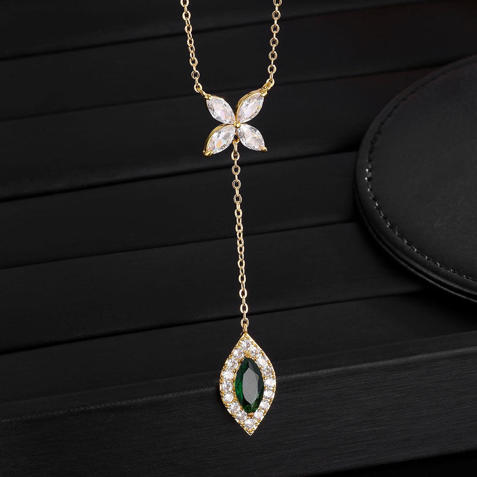 RAKOL Sweet Butterfly Copper Silver Plated Four-Leaf Clover Emerald Y-Shaped Necklace Light Luxury Diamond-Encrusted Tassel Pendant Wholesale