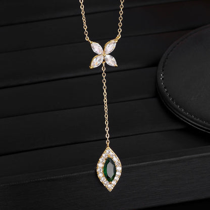 RAKOL Sweet Butterfly Copper Silver Plated Four-Leaf Clover Emerald Y-Shaped Necklace Light Luxury Diamond-Encrusted Tassel Pendant Wholesale