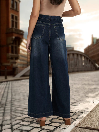 Independent Station European and American Foreign Trade Denim Women's Fashion Drape Loose High-Waist Wide-Leg Jeans for Women