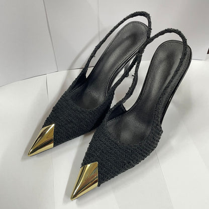 2026 High Heels Women's Stiletto Rose Metal Pointed Toe Park Chaeyoung Sandals Singles Shoes Spring Black Metal Buckle Straps