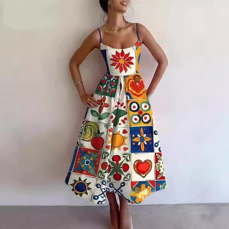 Amazon's new cross-border European and American fashion print pleated waist slip dress for spring 2026