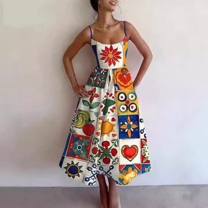 Amazon's new cross-border European and American fashion print pleated waist slip dress for spring 2026