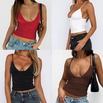 2026 European and American women's clothing AliExpress fashion sexy V-neck solid color versatile slim European and American style small suspender top for women