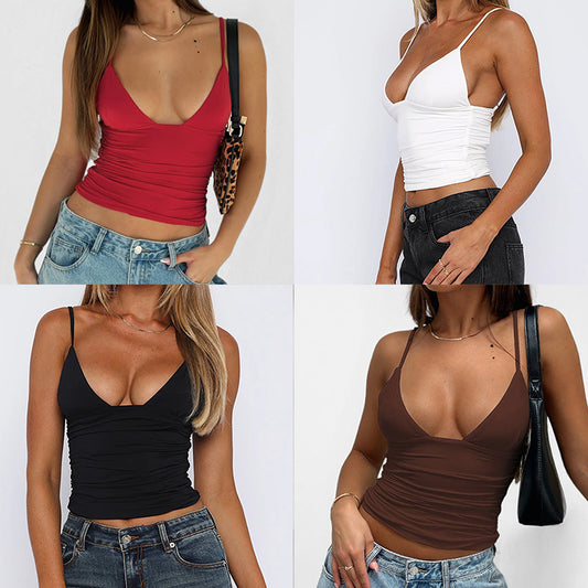 2026 European and American women's clothing AliExpress fashion sexy V-neck solid color versatile slim European and American style small suspender top for women
