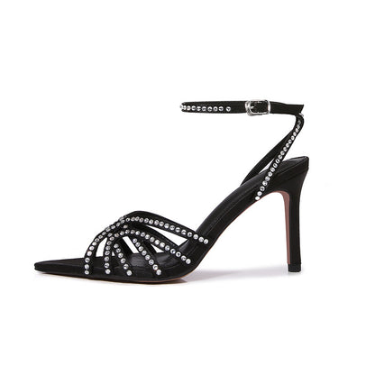 Spring 2026 European and American style satin stiletto pointed toe women's sandals sexy high heels open toe fashion versatile women's shoes