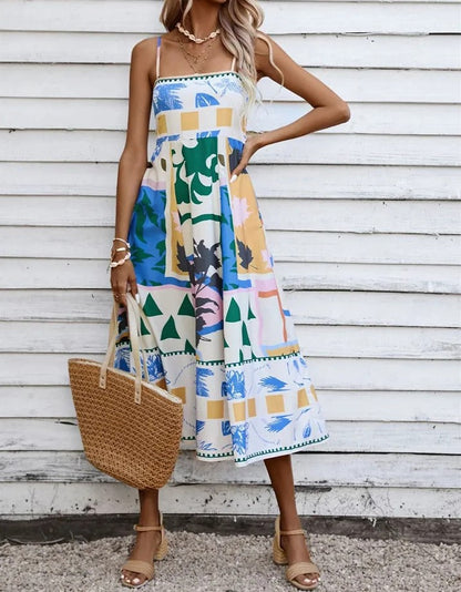 Europe and the United States 2023 Foreign Trade Cross-border Independent Station Summer Women's Clothing Sexy Positioning Printed Suspender Sleeveless Swing Dress