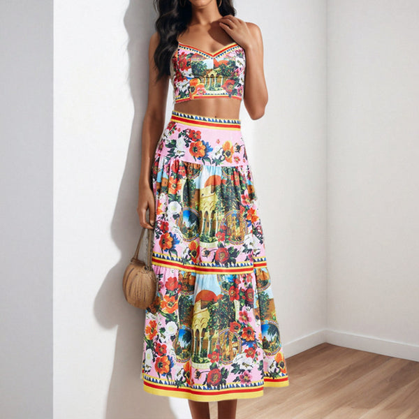 2026 spring new cross-border Amazon European and beautiful clothing sexy suspender top printed navel crop high waisted suit for women
