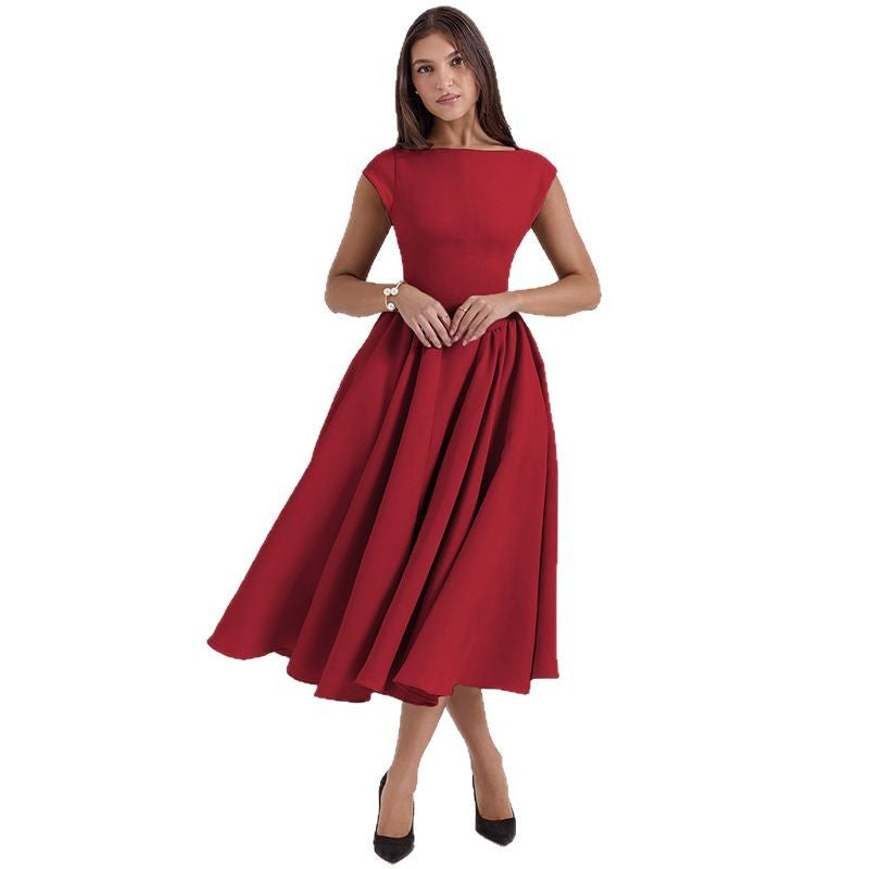 Foreign trade 2025 spring and summer new European and beautiful clothing temperament solid color crew neck open back slim waist slim swing dress for women