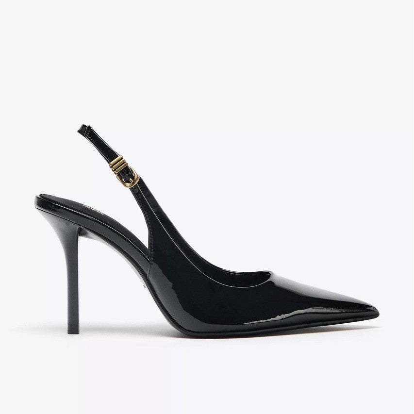 ZA2025 outono Nova fivela de metal preto pontiagudo saltos stiletto versáteis simples pontiagudo sandálias