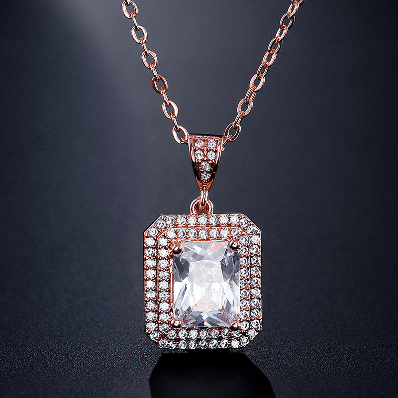 Cross-border new product sugar cube zircon necklace, niche light luxury double-layer enclosed two-tone pendant, one-piece dropshipping accessory
