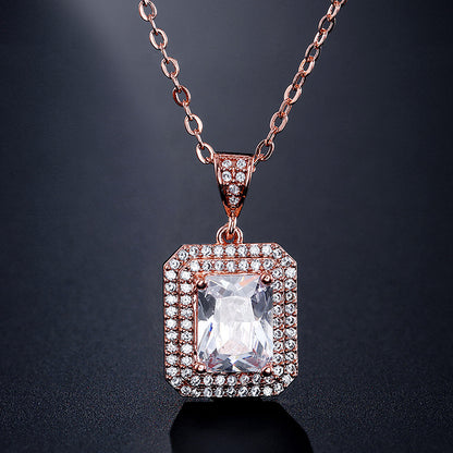Cross-border new product sugar cube zircon necklace, niche light luxury double-layer enclosed two-tone pendant, one-piece dropshipping accessory