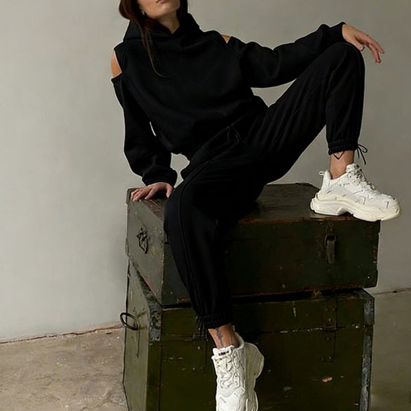 Cross-border foreign trade women's clothing 2026 European and American new two-piece solid color hooded short sweatshirt corset trouser set - view 2 | Ciaura