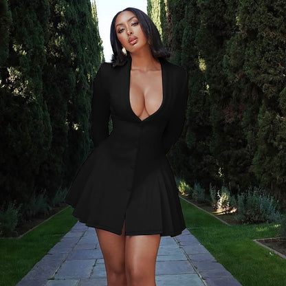 Foreign trade autumn and winter new European beauty clothing workplace royal sister style sexy deep V neck slim suit pleated dress woman