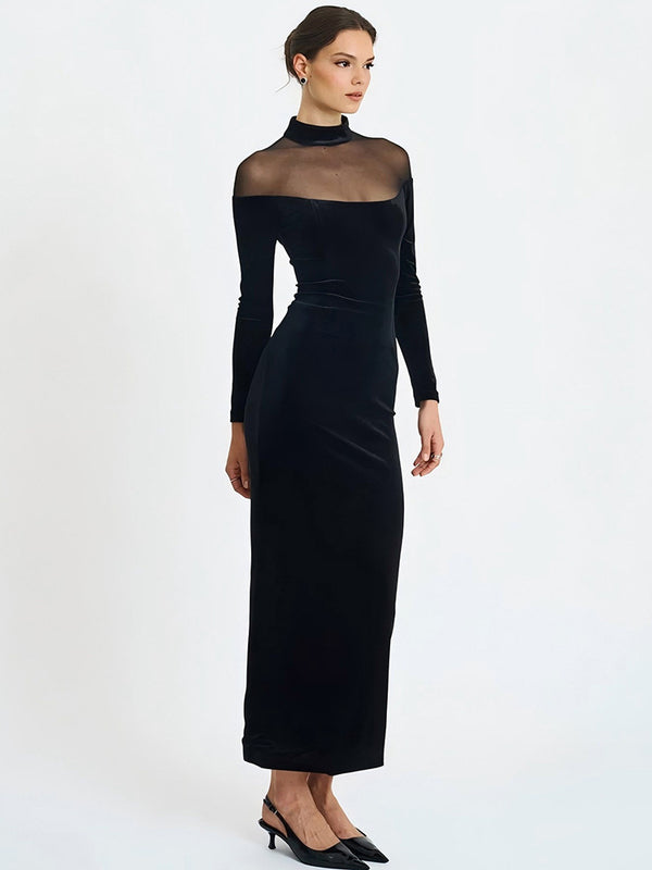 Foreign trade autumn and winter new European and beautiful women's clothing Hepburn-style velvet spliced mesh sexy see-through long-sleeved hip-hugging dress - view 2 | Ciaura