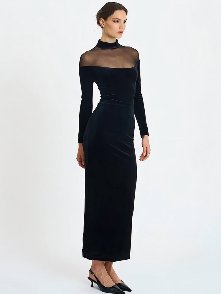 Foreign trade autumn and winter new European and beautiful women's clothing Hepburn-style velvet spliced mesh sexy see-through long-sleeved hip-hugging dress
