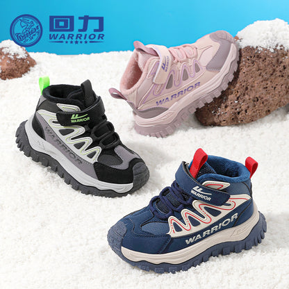 Pull-back blue striped platform shoes, new warm two-cotton shoes in winter, medium and large children, men's and women's casual shoes, light soles and cold stickiness