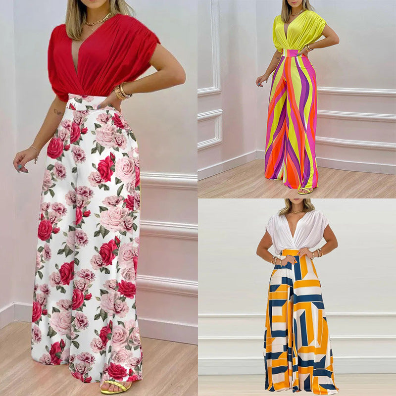 2026 European and American Clothing Independent Station Spring New Temperament V-Neck Printed Wide-leg Pants Fashion Casual Suit 661