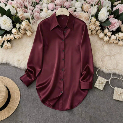 2026 AliExpress European and American Cross-border Bestseller: Four-season fashionable minimalist irregular long-sleeve shirt satin shirt