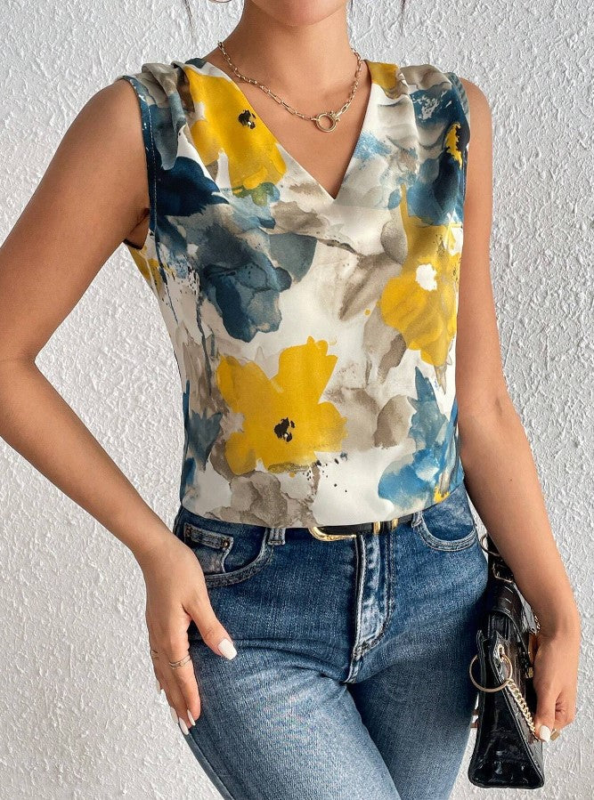 In stock European and American cross-border 2024 Amazon spring/summer new flower print V-neck sleeveless top