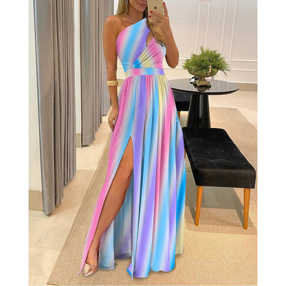 2026 spring new European and American clothing foreign trade slanted shoulder temperament dress sleeveless sexy high-waisted slit dress