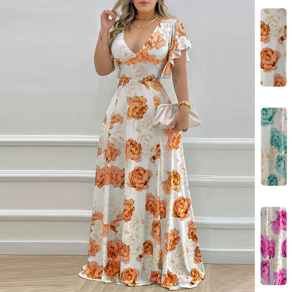 2026 spring new cross-border independent station European and beautiful women's temperament sexy V-neck waist print big swing dress