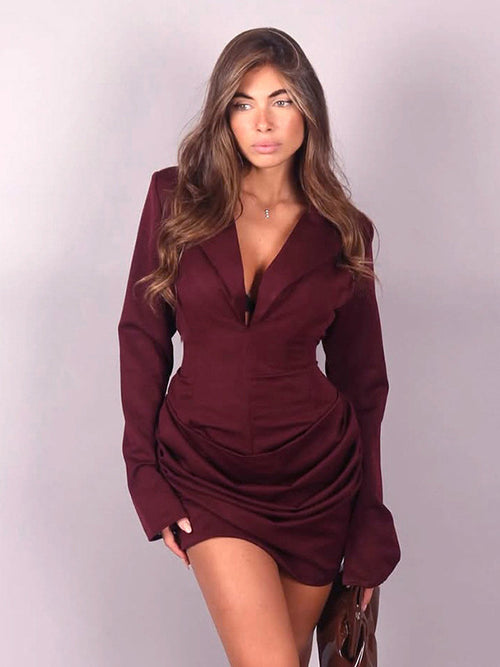 Cross-border European and American women's autumn and winter new temperament solid color deep V lapel pleated waist mini hip wrap dress for women