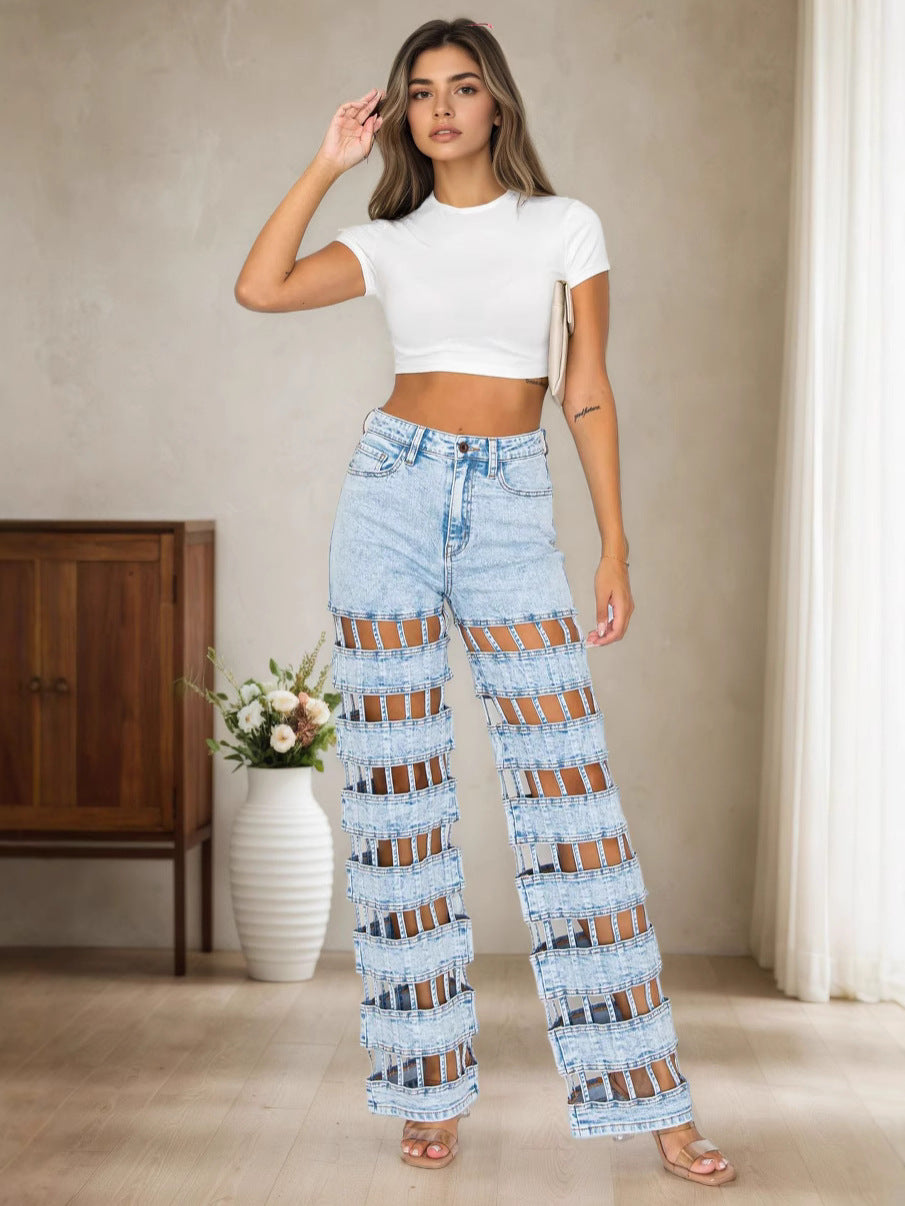 European and American women's ripped jeans Amazon cross-border women's new street fashion hollow high-waisted straight-leg pants
